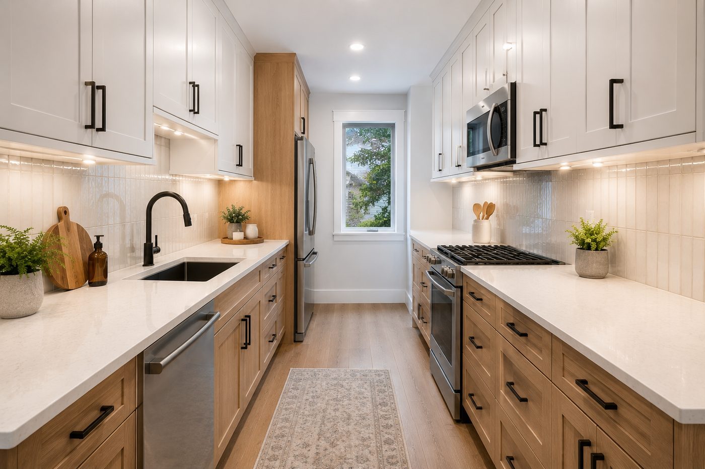 Galley kitchen remodel with bright cabinets and efficient storage