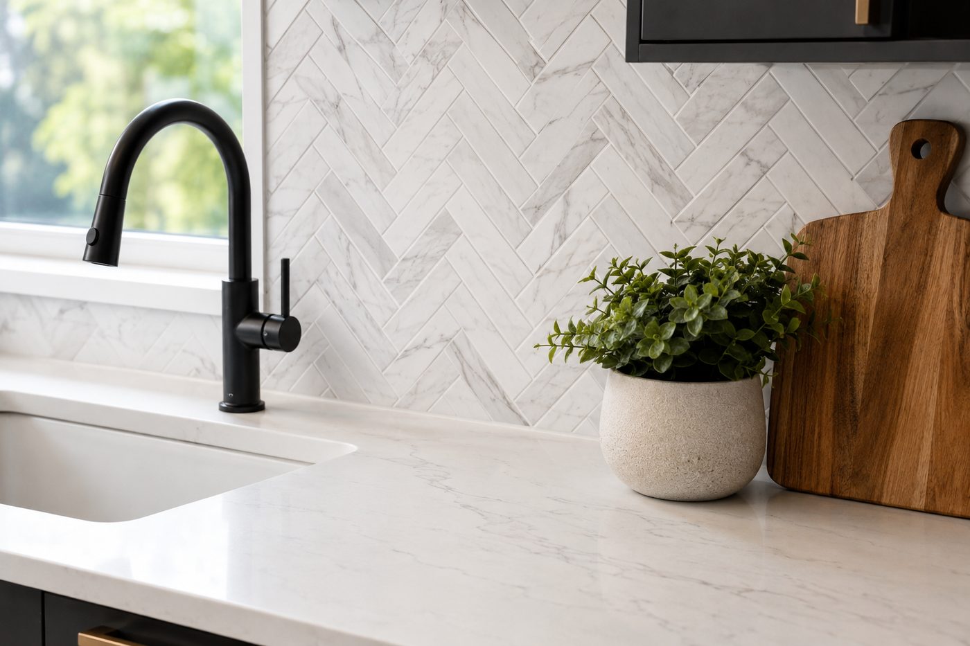 Quartz kitchen countertops with a tile backsplash