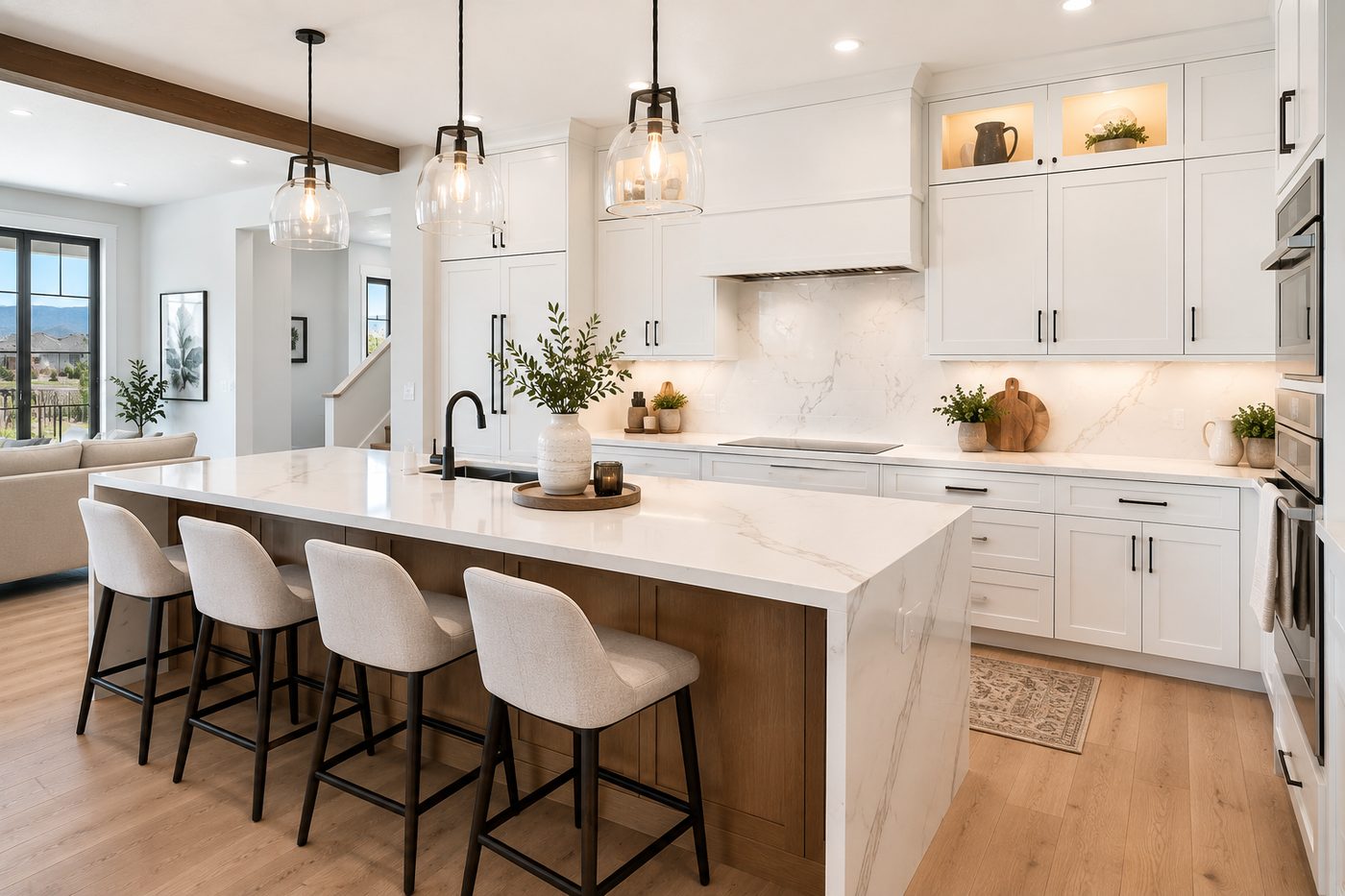 Kitchen remodel with a large waterfall quartz island and pendant lighting