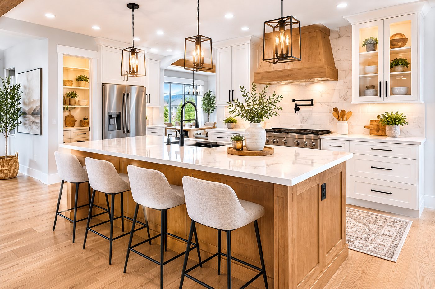 Modern kitchen remodel with white cabinets and a warm wood island in a Herriman home