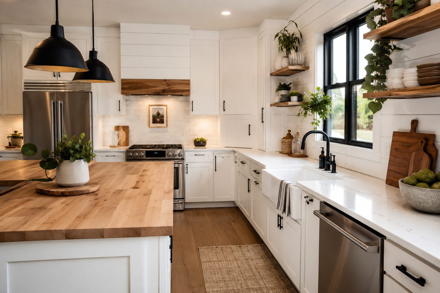 Modern farmhouse kitchen remodel with white cabinets, an apron sink, and black fixtures