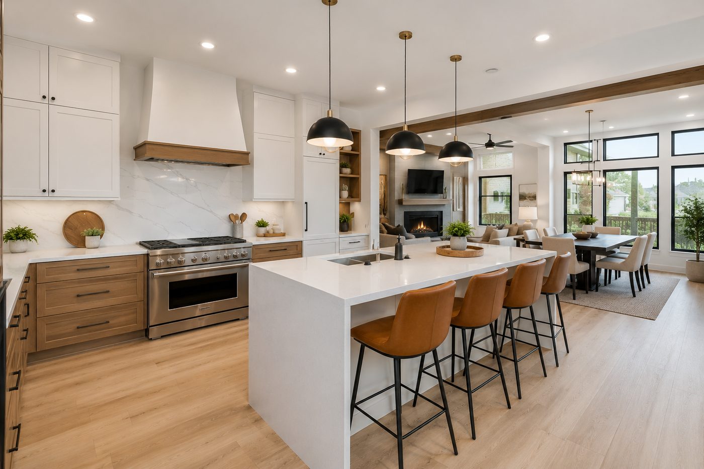 Open concept kitchen remodel connected to a bright living space