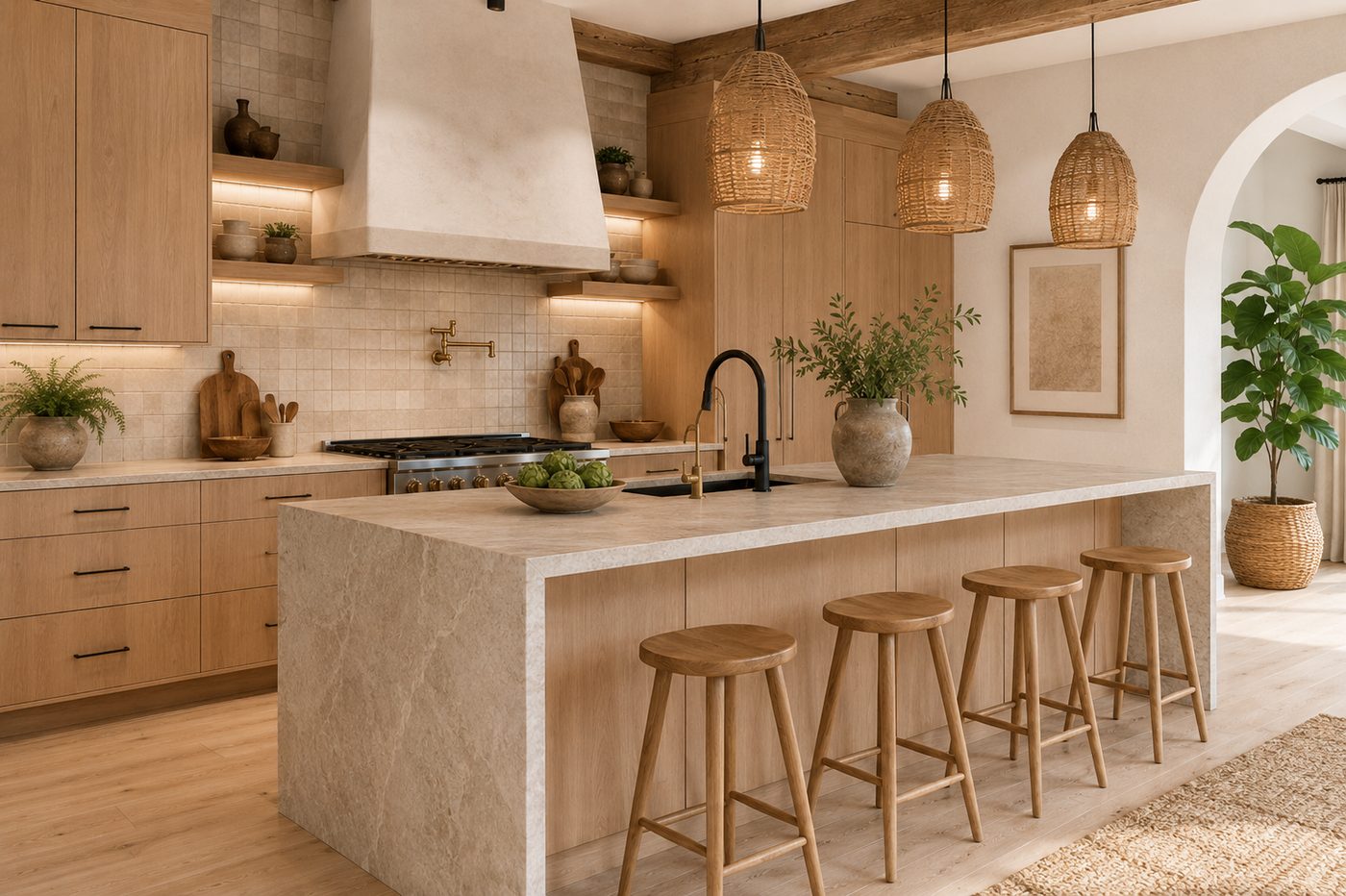 Organic modern kitchen remodel with warm wood cabinets and natural stone