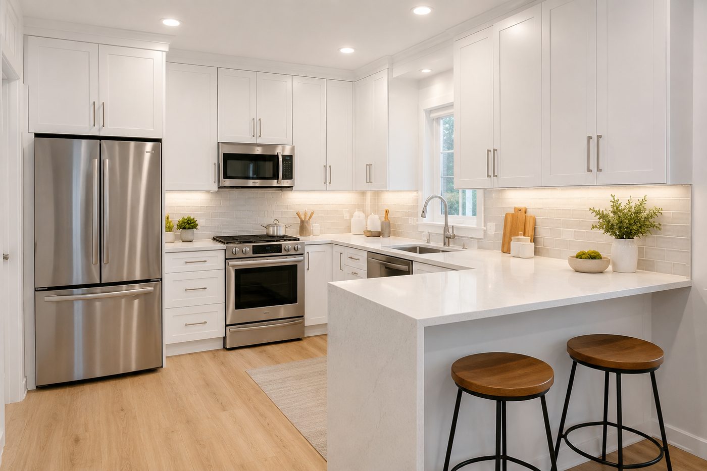 Small kitchen remodel with white cabinets and a compact peninsula