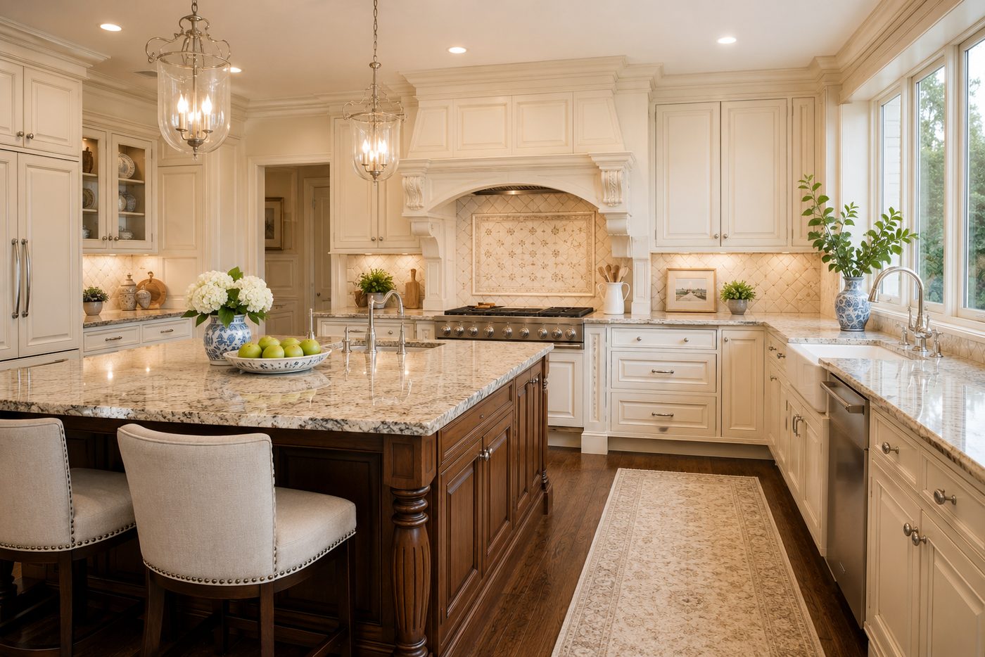 Traditional kitchen remodel with raised panel cabinets and stone counters